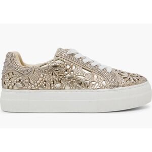 Betsey Johnson Reily Rhinestone Platform Sneakers Beautiful Gold Lace-Up Size 8